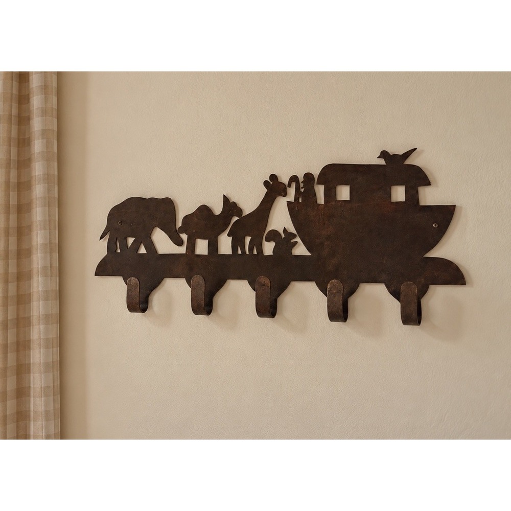 Noah's Ark Metal Rustic Wall Mount Hat Coat Rack 5 Hooks Nursery Decor